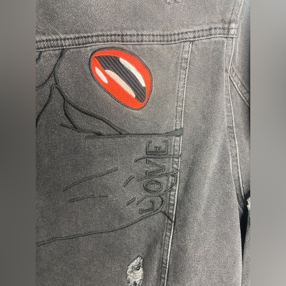 Jaffary Studios distressed denim light black trucker jacket love Sz medium EUC - Picture 3 of 9